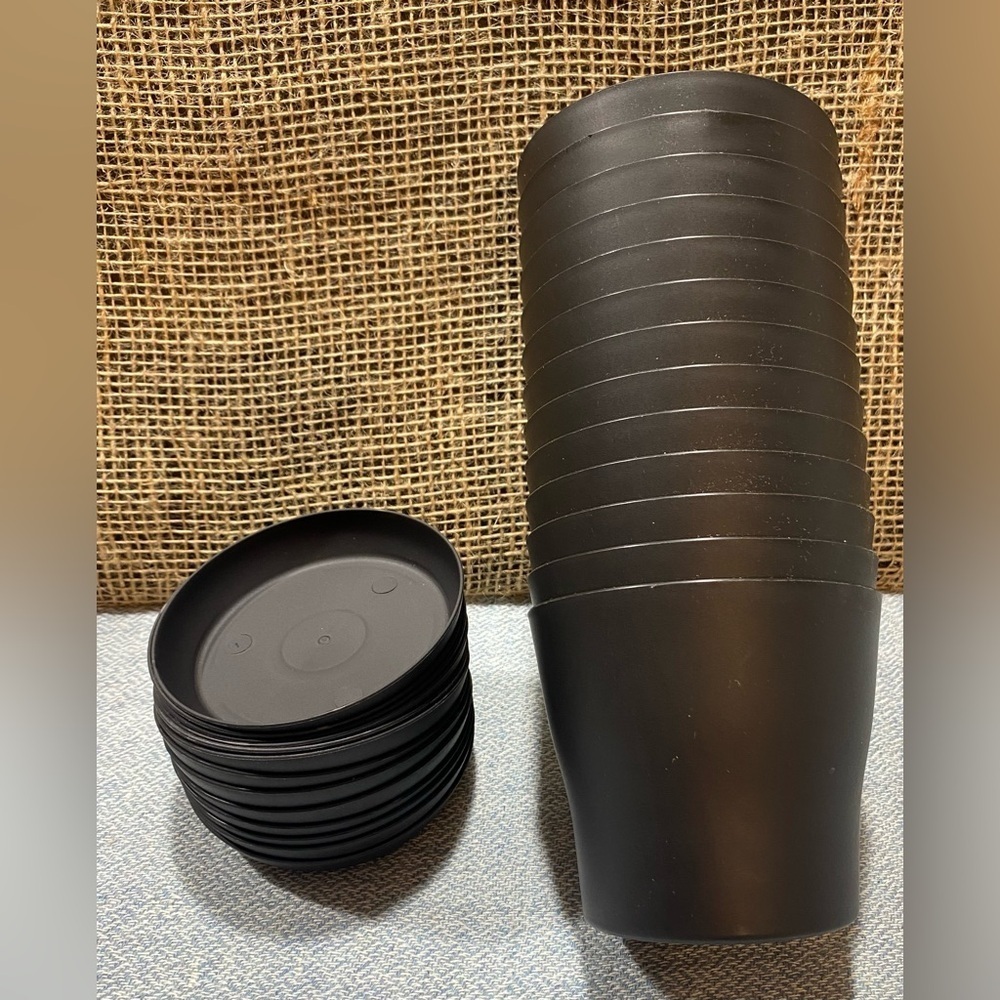 Planters Black Set of 13 Plastic with Trays NEW See pictures for measurements